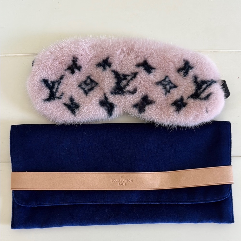 Louis Vuitton Pink Fur Eye Mask with Navy Pouch